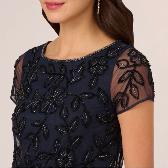 🆕Adrianna Papell Navy Beaded Floral Mesh Gown Blouson Bodice Formal Dress Size 6 - Picture 4 of 16